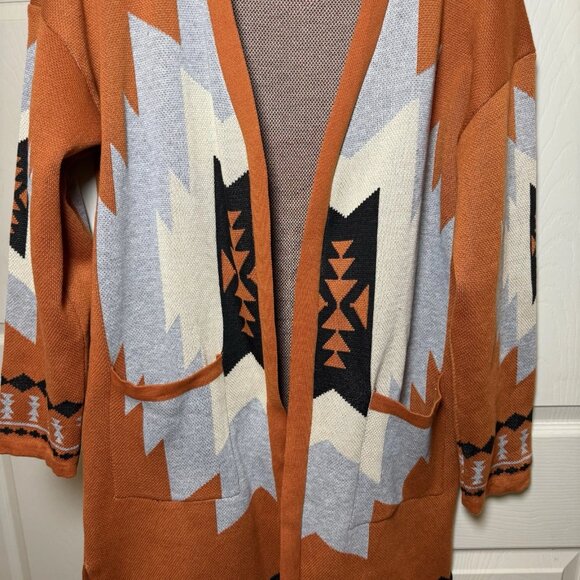 Women’s Cardigan Open Duster Southwestern Aztec Tribal Size L Long Sleeve - Picture 6 of 9